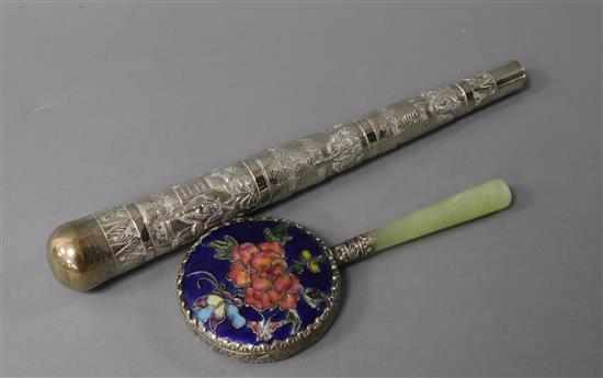 A silver parasol handle and mirror